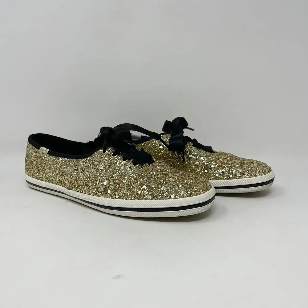 Keds x‎ Kate Spade Glitter Lace Up Sneaker Womens 7 Gold Glitter Black Ribbons